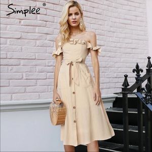 RED midi off the shoulder cotton ruffle day dress.